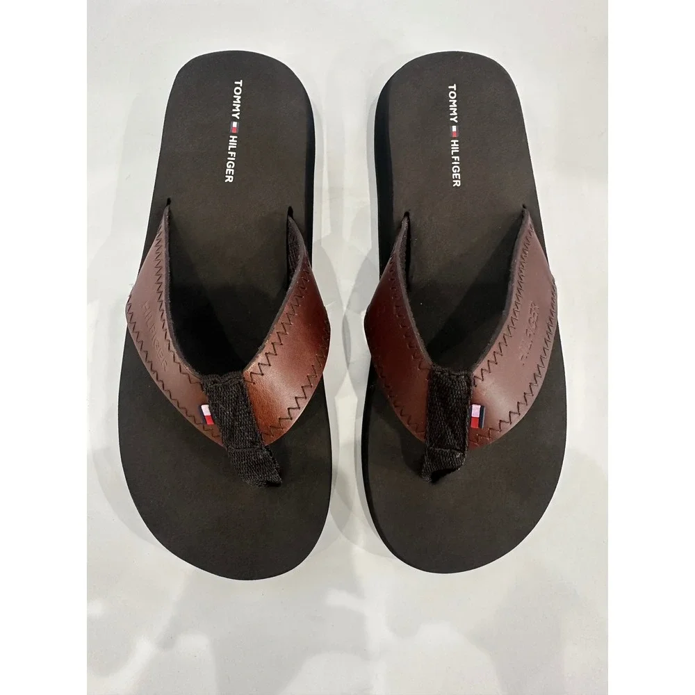 Tommy Hilfiger Mens Clemens Flip Flop Sandals Brown Leather Size 8 TWCLEMENS-SS